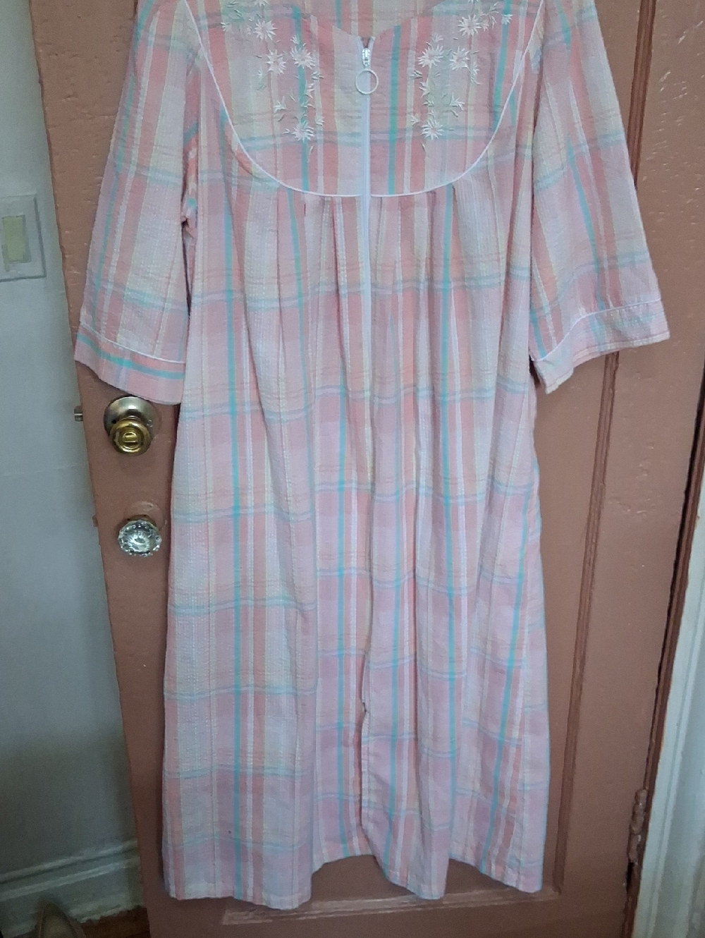 Miss Elaine Pastel Pink Plaid Short Sleeve Nightgown with 2 Pockets